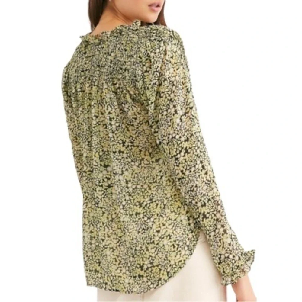 Free People Lela Blouse Floral Black & Green Flowy Boho Tie Neck Top Size Medium